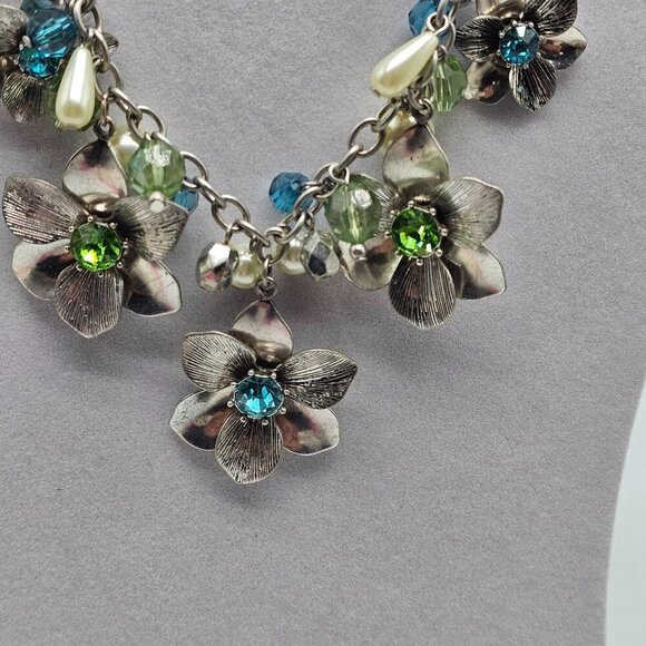 Floral Silver Tone Necklace With Green and Blue Rhinestones - Picture 3 of 5